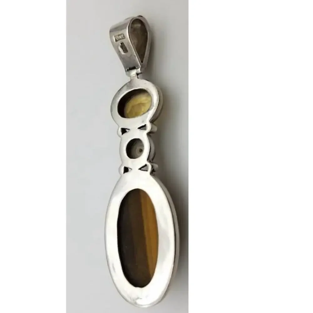 Vintage Silver .925 Carved Tigers Eye Cultured Pearl Citrine Pendant